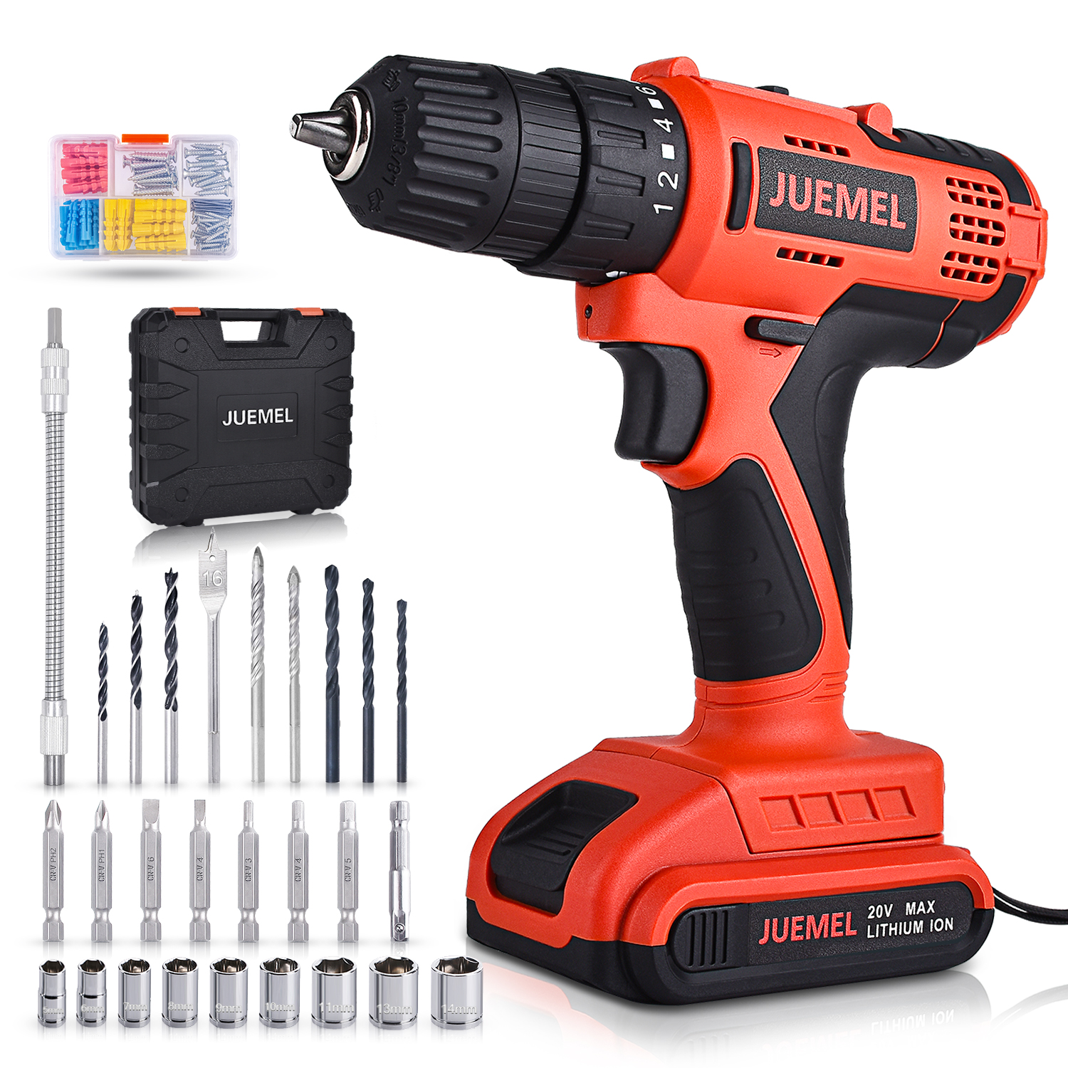 20V Cordless Drill Driver, JUEMEL 100 PCS Accessories Power Drill, Electric Screwdriver Set (1 Battery 2000mAh / 1H Fast Charger/Max Torque 36Nm / 2 Variable Speed / 3/8 inch Chuck) for DIY Project
