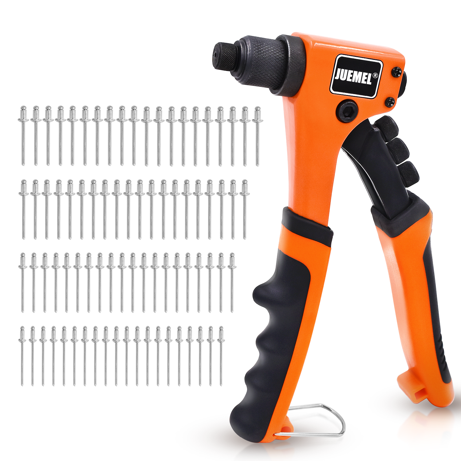 Rivet Gun Kit with 80 Pcs Rivets, JUEMEL Hand Riveter Set, 4 Sizes of Rivet heads Attached, Heavy Duty Durable Single Hand Rivet Gun Tool for Metal, Plastic and Leather