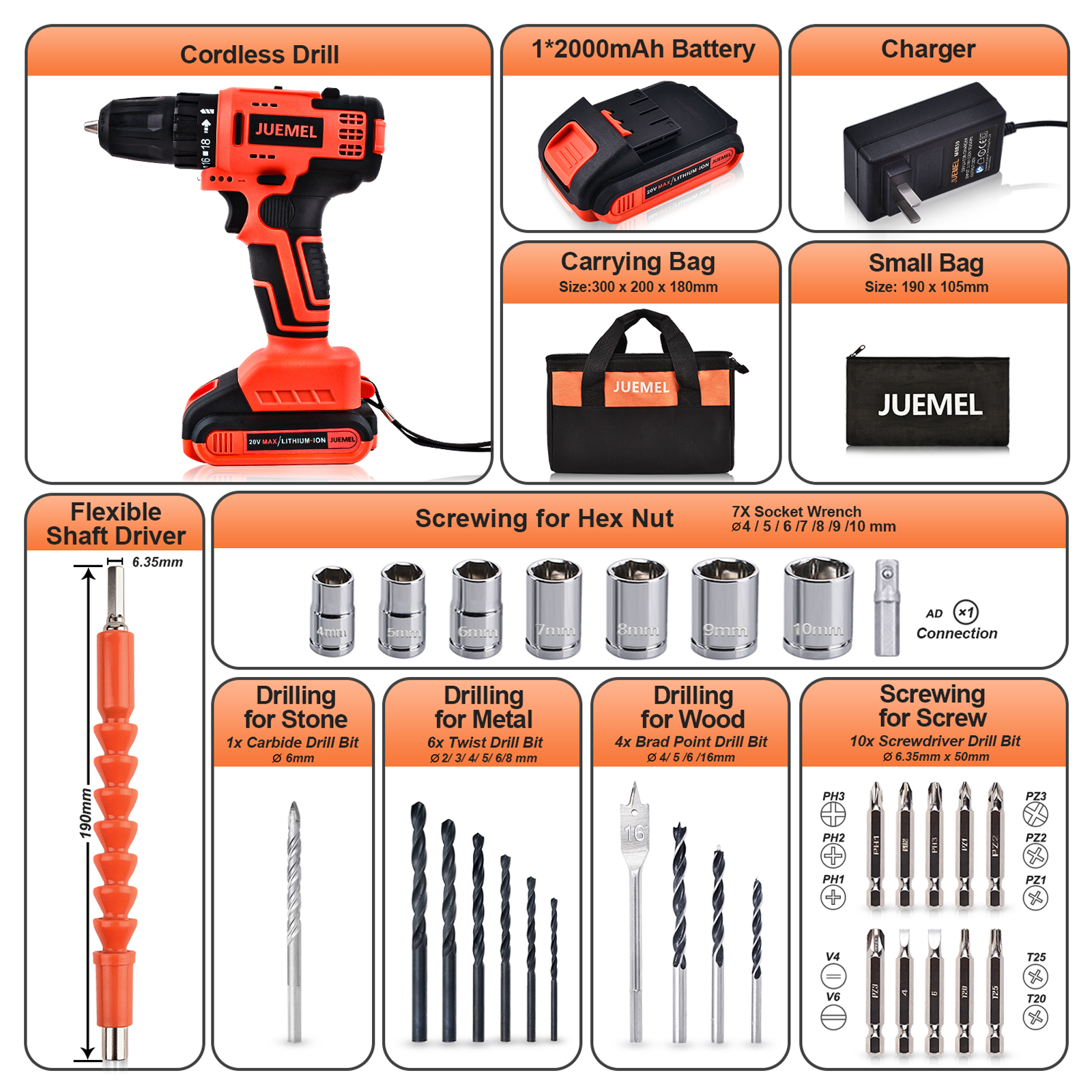 Cordless Drill, JUEMEL 20V Brushless Drill Driver Set, Lithium-ion Power Electric Drill with 3/8
