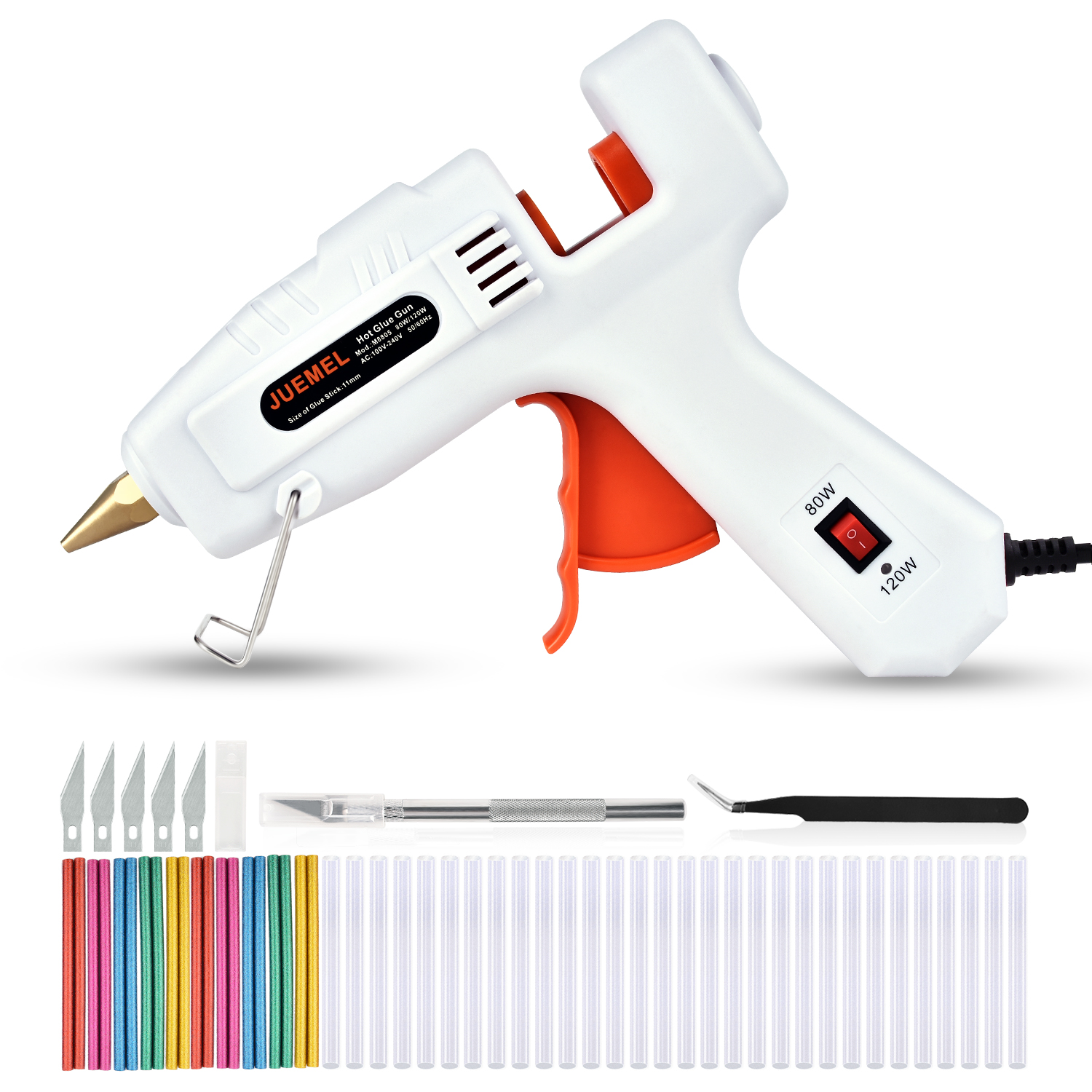 Hot Glue Gun, JUEMEL Glue Gun 80W 120W Dual Power with 30Pcs (11mm) Color and White Glue Sticks for Crafts DIY Paper Card Projects Home Repair