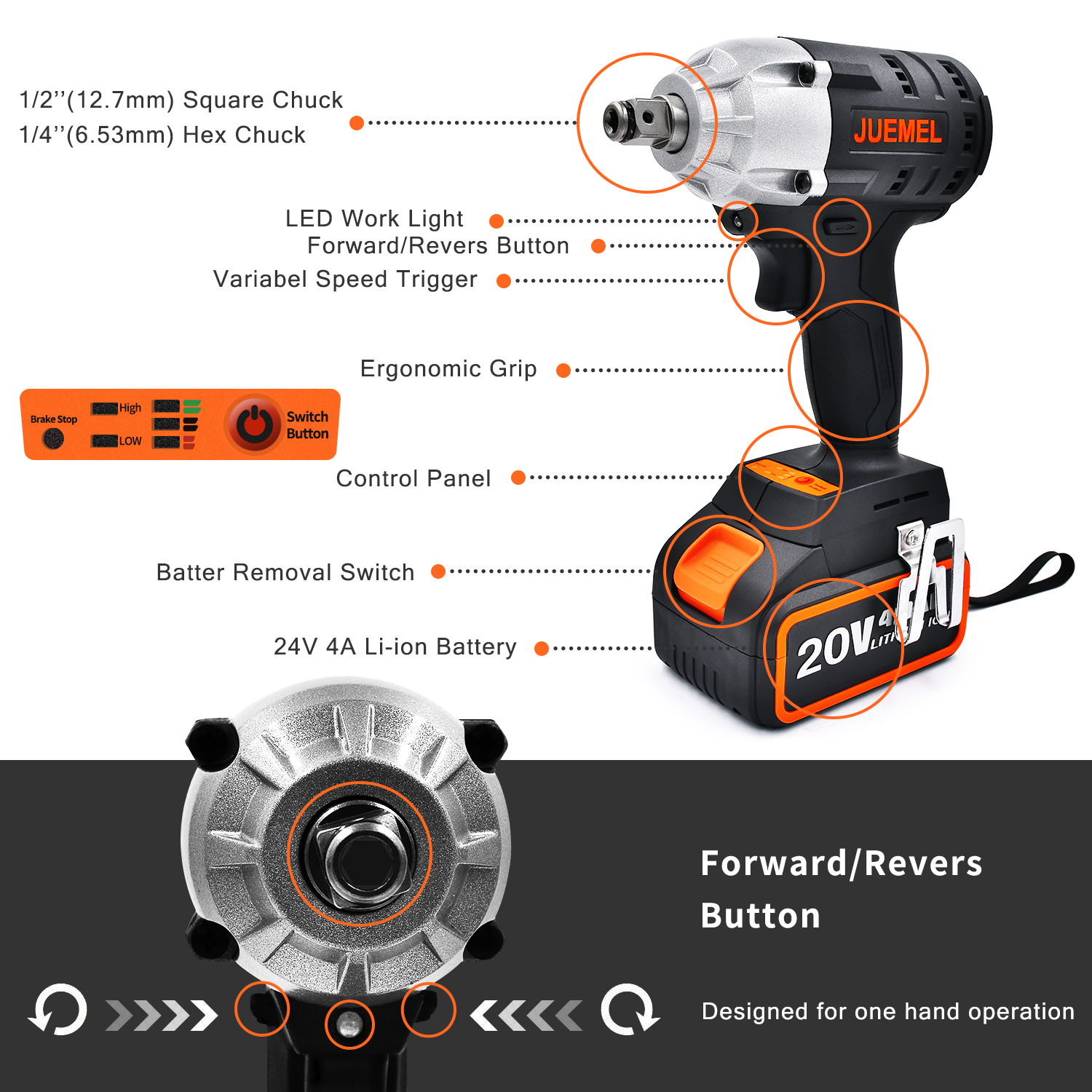 Cordless Impact Wrench, JUEMEL 20V Impact Driver 320N.m Torque, 4.0Ah Lithium Battery, 2-Speed/Brushless / 12.7mm and 6.35mm Chuck with 14 Accessories, Include Fast Charger, Carry Case