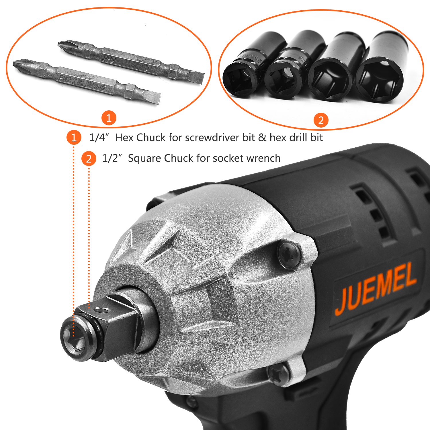 Cordless Impact Wrench, JUEMEL 20V Impact Driver 320N.m Torque, 4.0Ah Lithium Battery, 2-Speed/Brushless / 12.7mm and 6.35mm Chuck with 14 Accessories, Include Fast Charger, Carry Case
