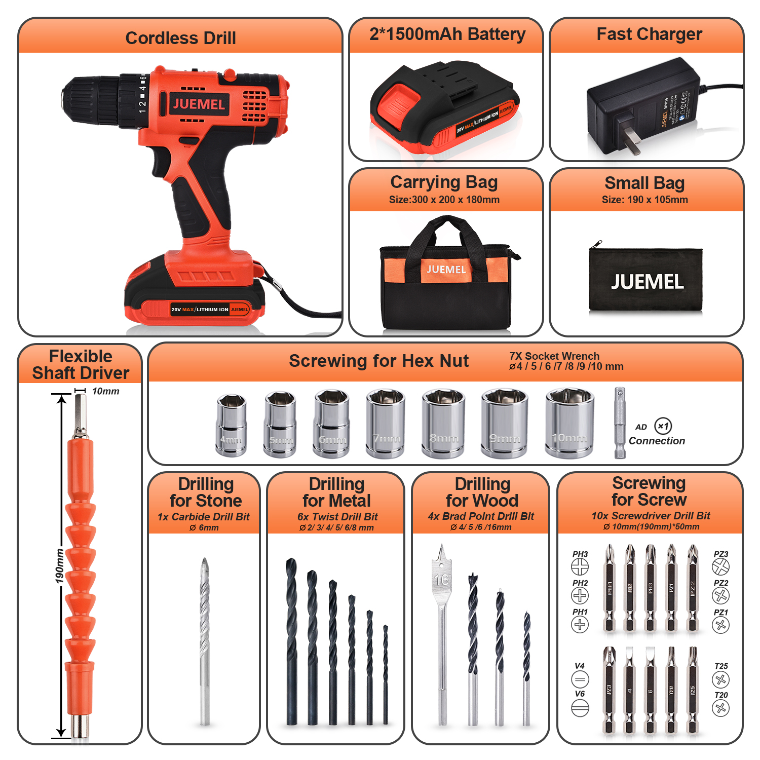 Cordless Drill 20V with 2 Batteries, JUEMEL Power Drill Set with 3/8 inches Keyless Chuck, 2-Variable Speed, 18+1 Clutch, and 30pcs Drill/Driver Bits Accessories